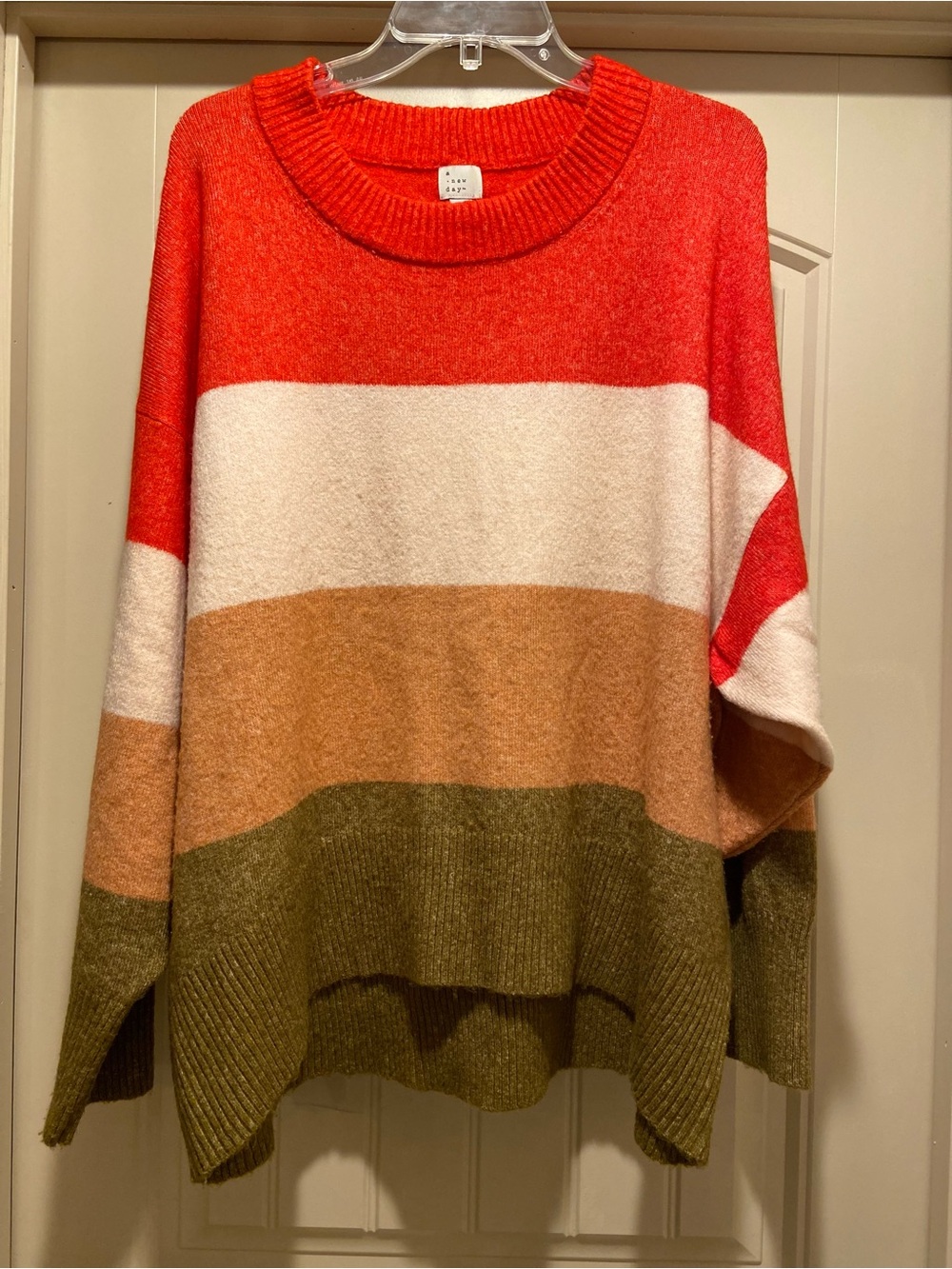 Cozy Colorblock Crewneck Sweater - Red, White, Tan & Olive